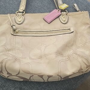 Beige Signature Tote Handbag with Pink Tag